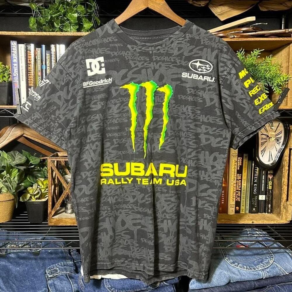 DC x Monster Energy x Subaru Rally Racing Tee Shirt Mens Medium Black AOP Skater